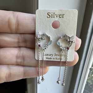 VTG Butterfly Long Dangle Earrings 1.75" CZ Multi Gemstone 925 Sterling 1.9g New